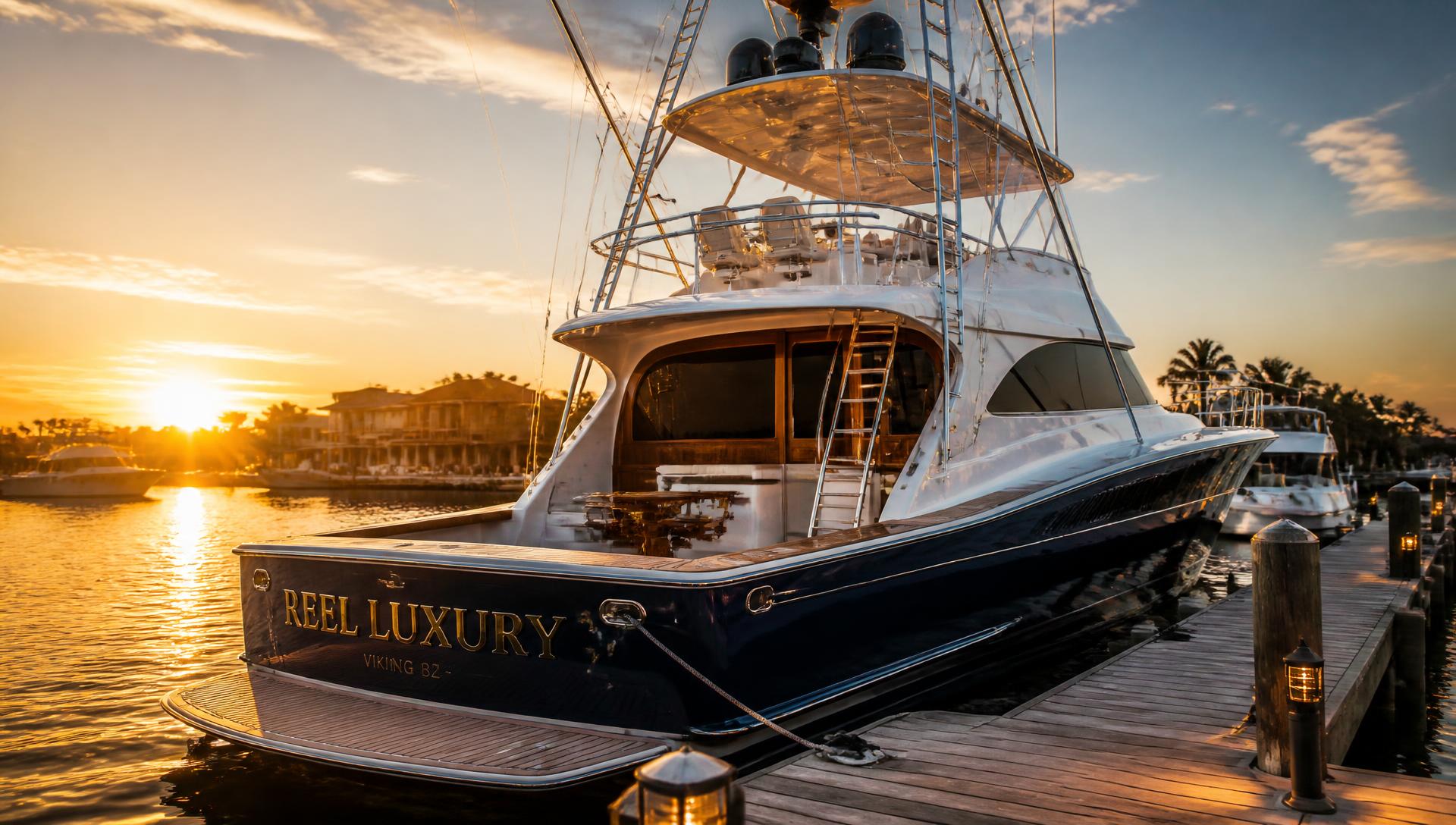 Yacht moored at a private dock during golden hour